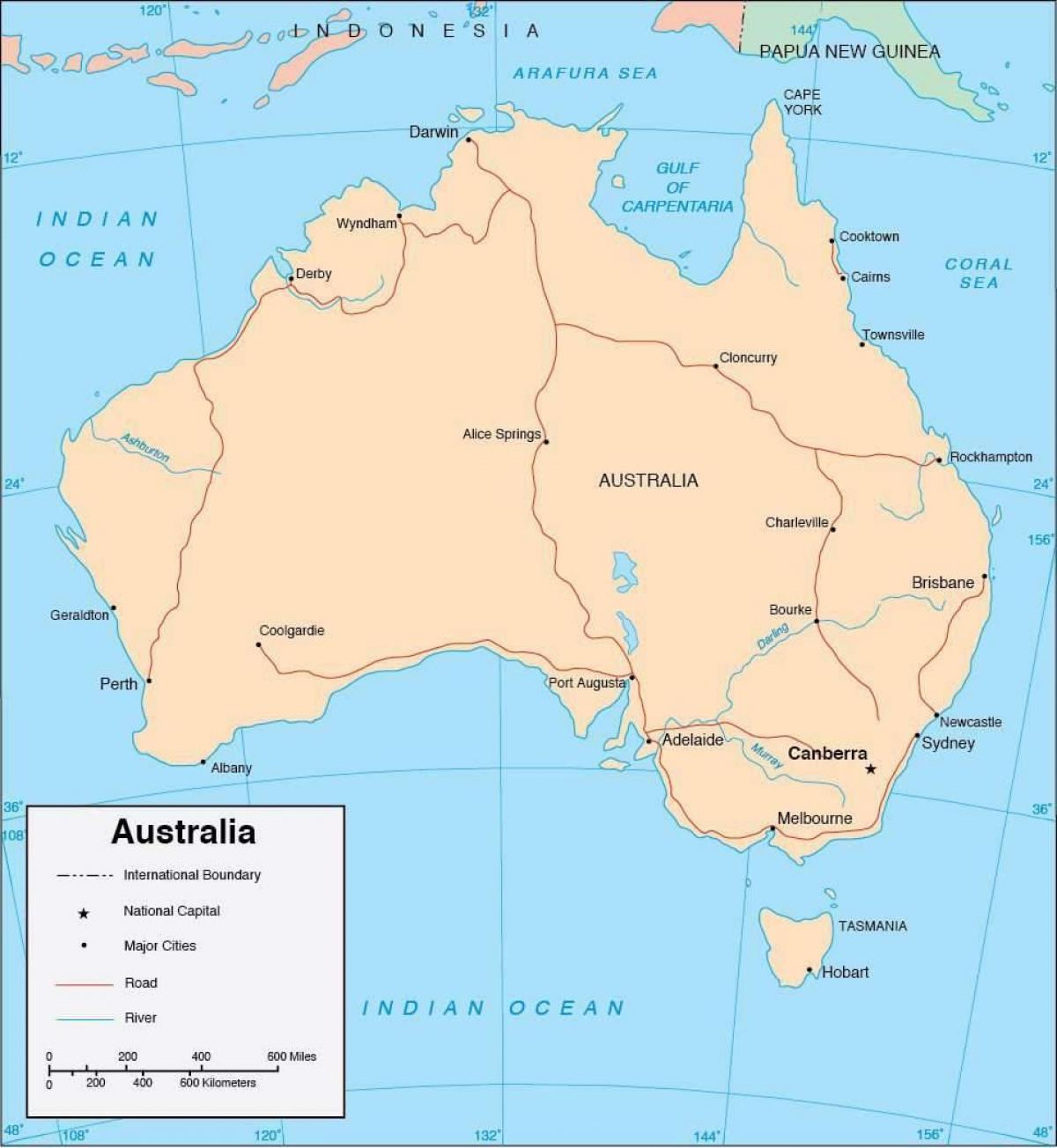 خريطة أستراليا مع المدن الرئيسية